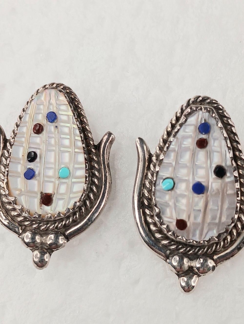 Vintage Zuni Native American Maize (corn) Post Earrings 925 Mother Pearl Signed